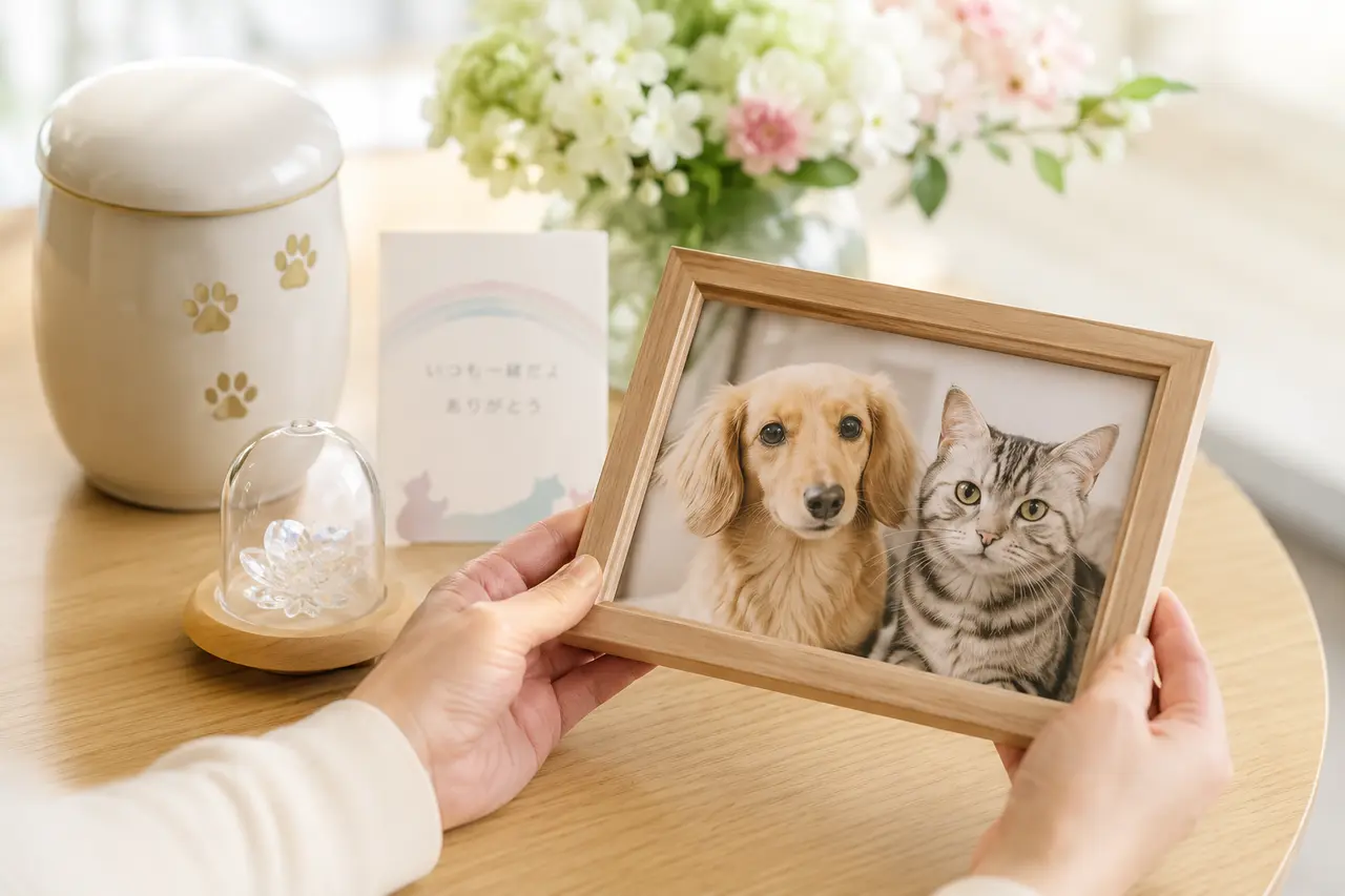 ペットの骨壺と犬・猫の写真を手にするご家族